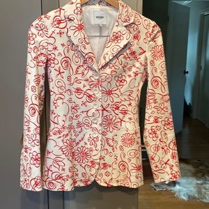 Moschino jeans cotton, red & white patterned blazer with white buttons.